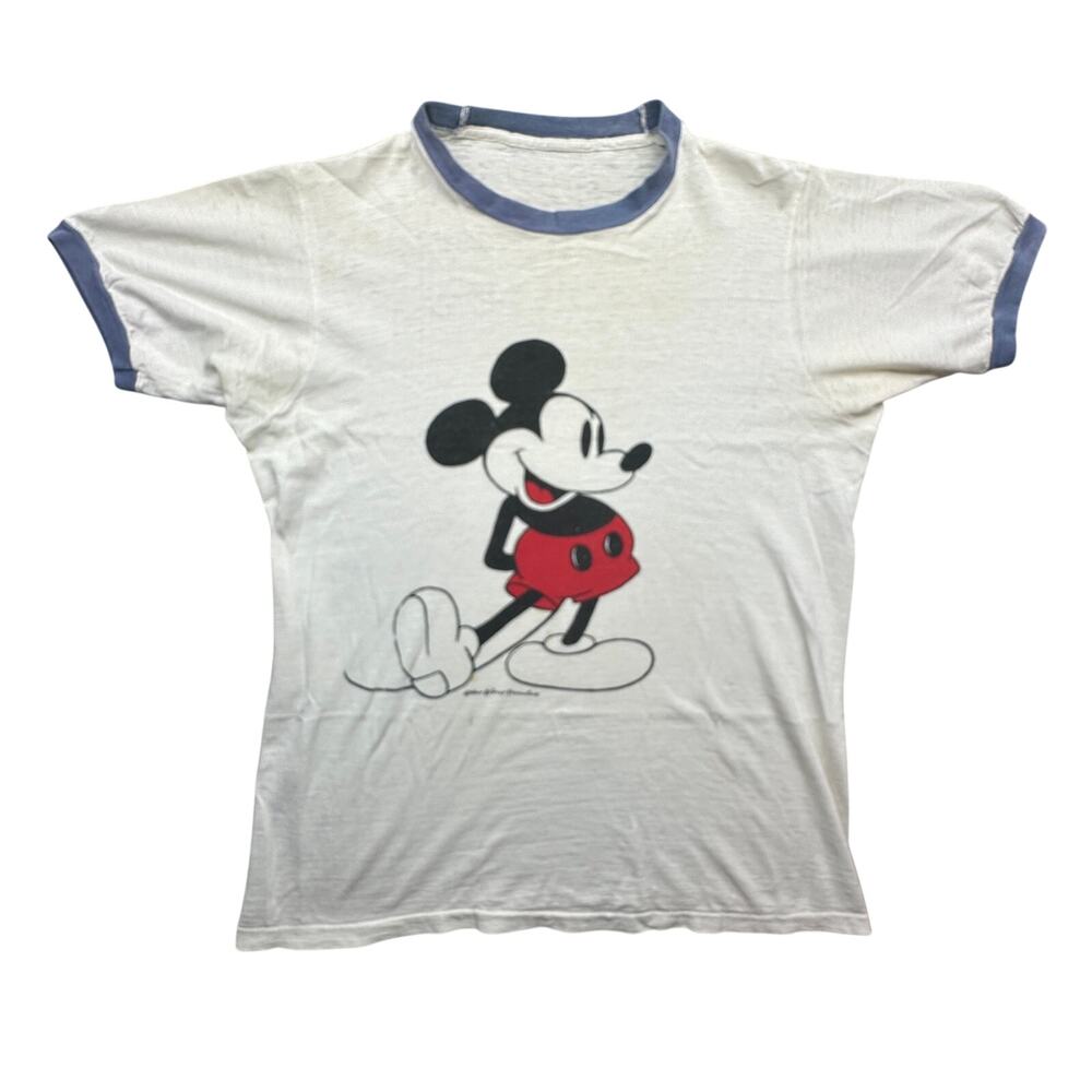 Vintage 70s Walt Disney Mickey Mouse Paper Thin Ringer T Shirt Medium 19.5x26
